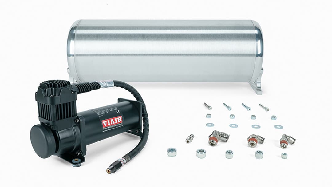 18" FLO Tank w/ Viair 444c black Compressor, 1/4" & 3/8" fittings and tank mounting hardware - 27767
