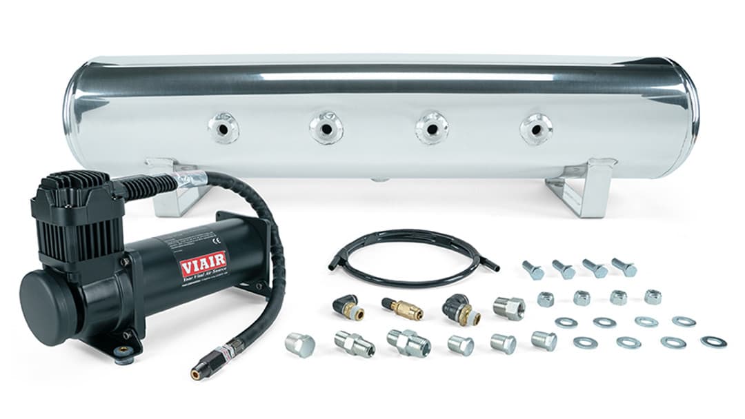 4 Gal. 7-Port Polished Tank w/ Viair 444c black compressor, 1/4" & 3/8" fittings & tank mounting hardware - 27807