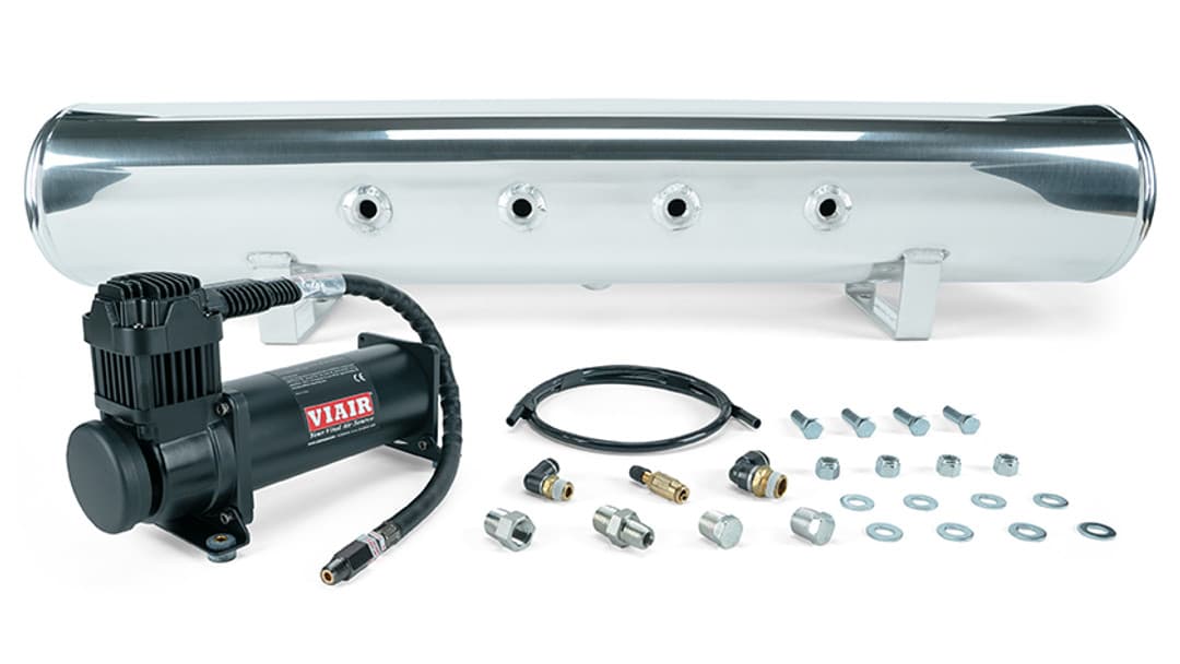 5 Gal. Polished Tank w/ Viair 444c black compressor, 1/4" & 3/8" fittings and tank mounting hardware - 27808